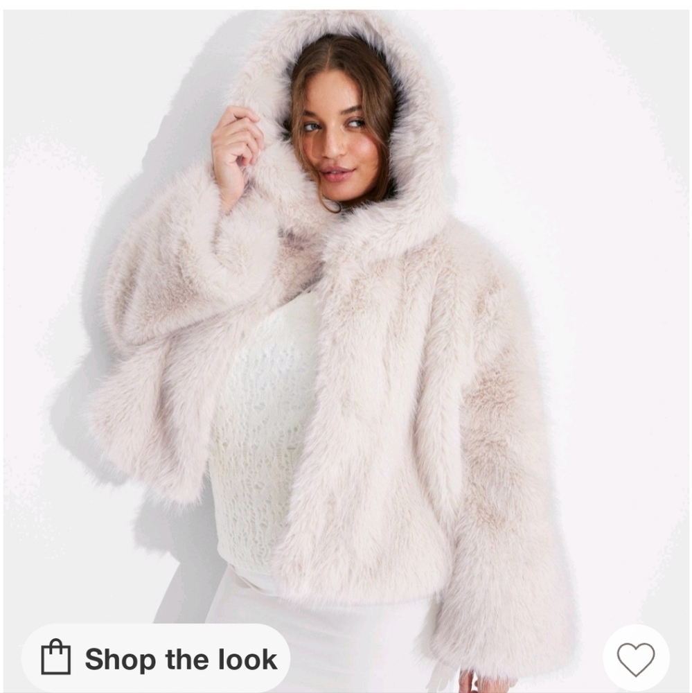 wild fable Plush Faux Fur Hooded Jacket in Light Cream
